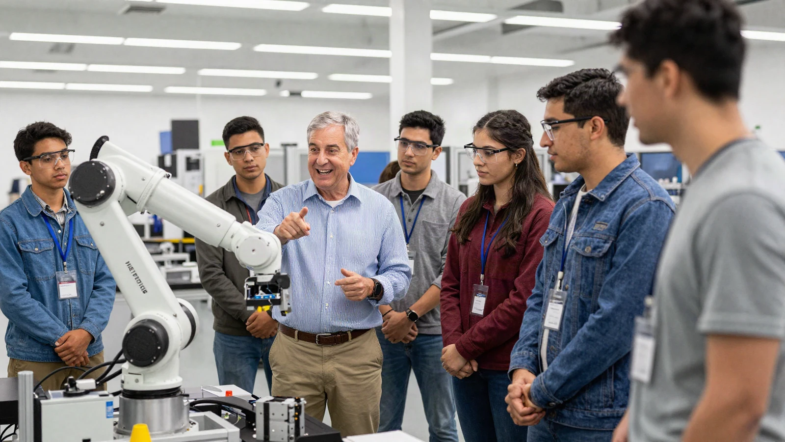 A senior business manager explaining an industrial robotic arm to eager younger adult apprentices